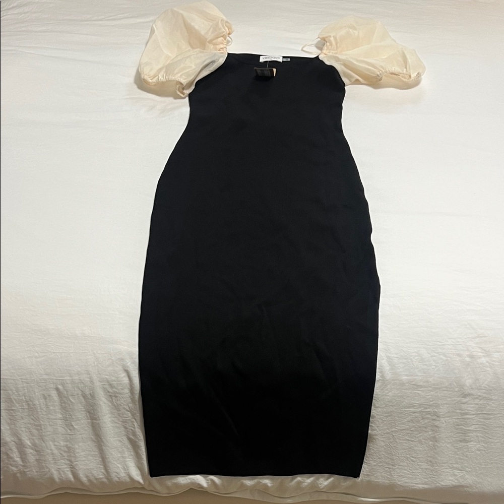 Vestique Black Midi Dress with Cream Sleeves